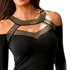 Boston Proper Black Embellished Cut Out Long Sleeve Bodysuit